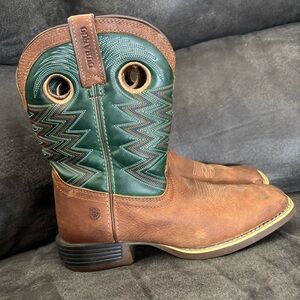 Kids Durango Brown Leather Cowboy Boots w/Green Stitched Shaft Western